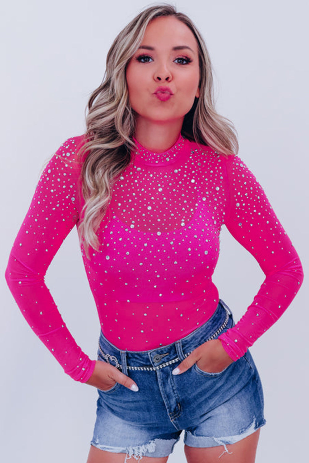 Rose Red Rhinestone Mesh Long Sleeve Bodysuit