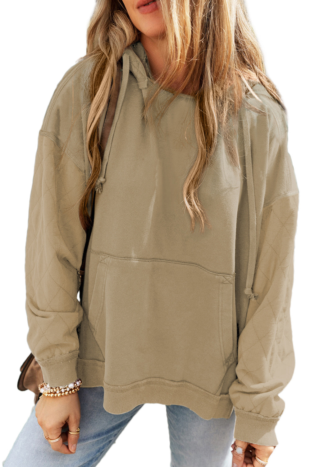 Parchment Quilted Patchwork Exposed Seam Kangaroo Pocket Hoodie