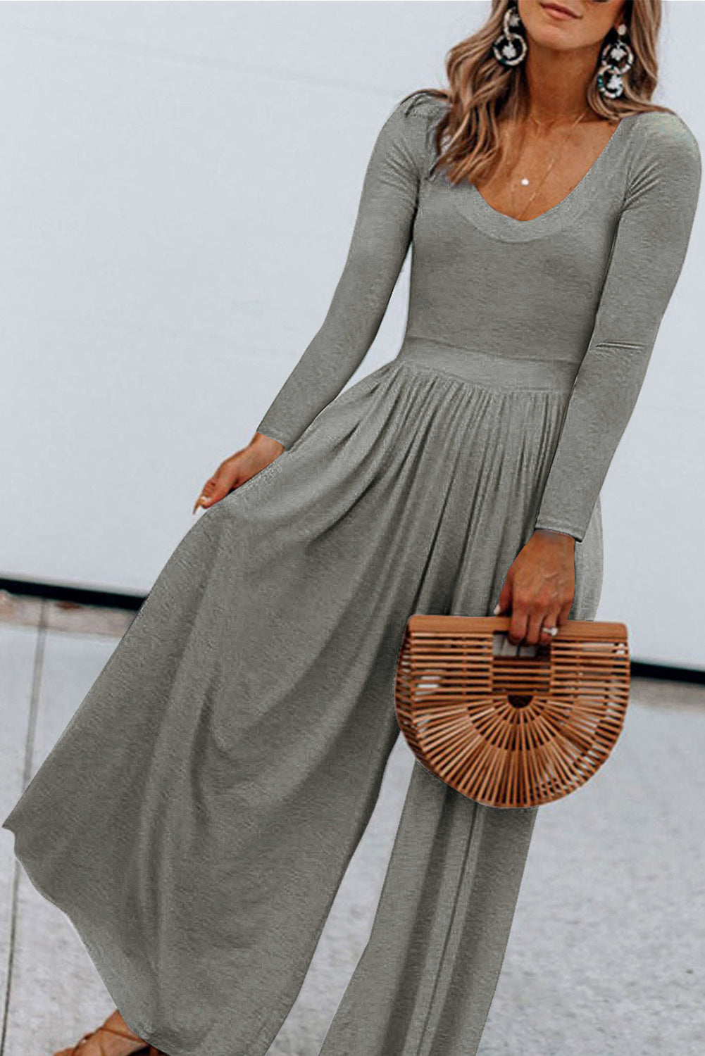 Grey Solid Color Long Sleeve Wide Leg Jumpsuit