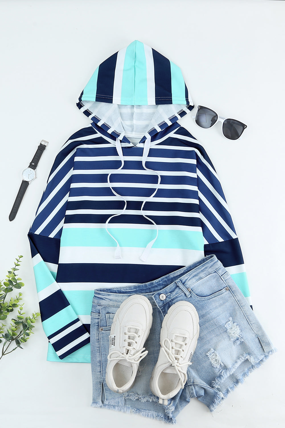 Multicolor Striped Drawstring Pullover Hoodie