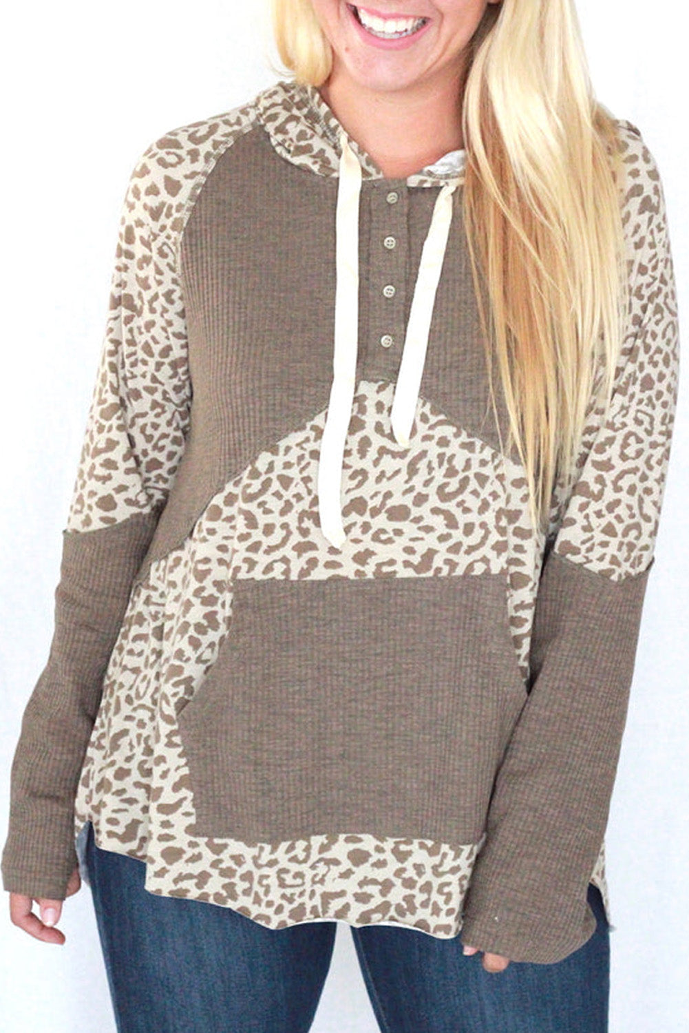 Leopard Ribbed Patchwork Kangaroo Pocket Henley Hoodie