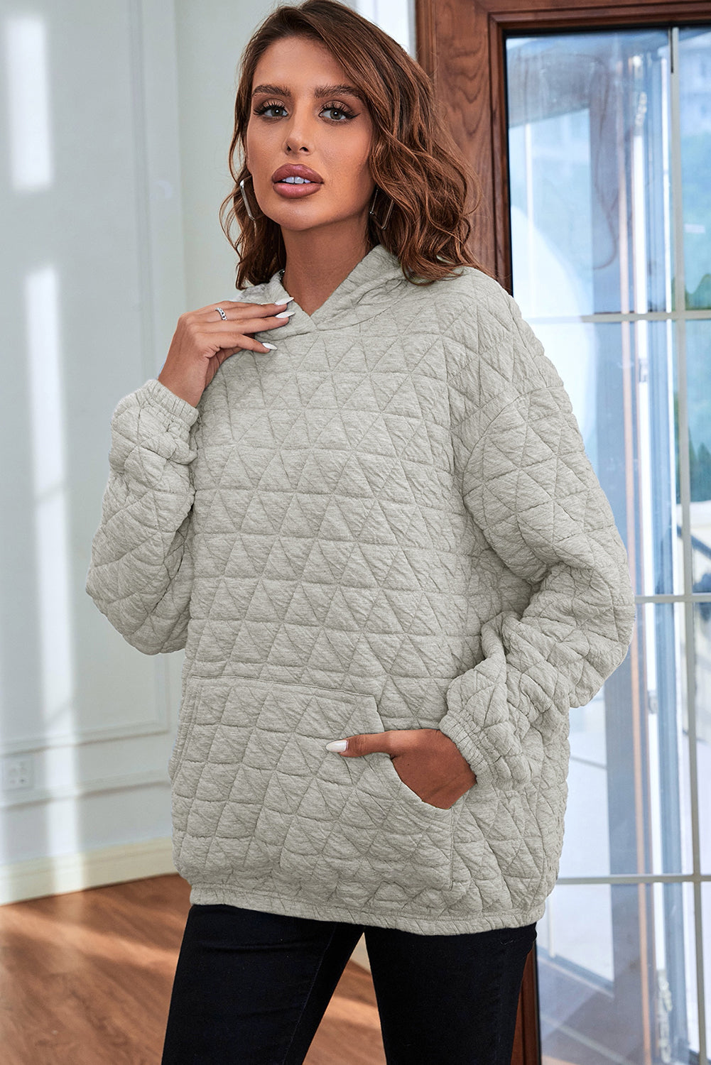 Light Grey Thermal Quilted Kangaroo Pocket Hoodie