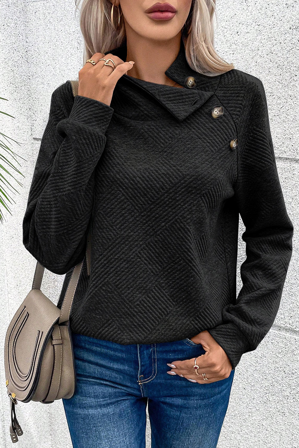 Black Solid Color Button Detail Textured Sweatshirt