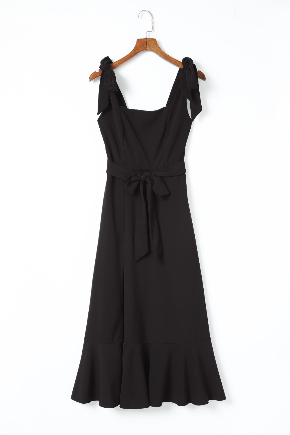 Black Tie Shoulder Smocked Back Side Slit Maxi Dress