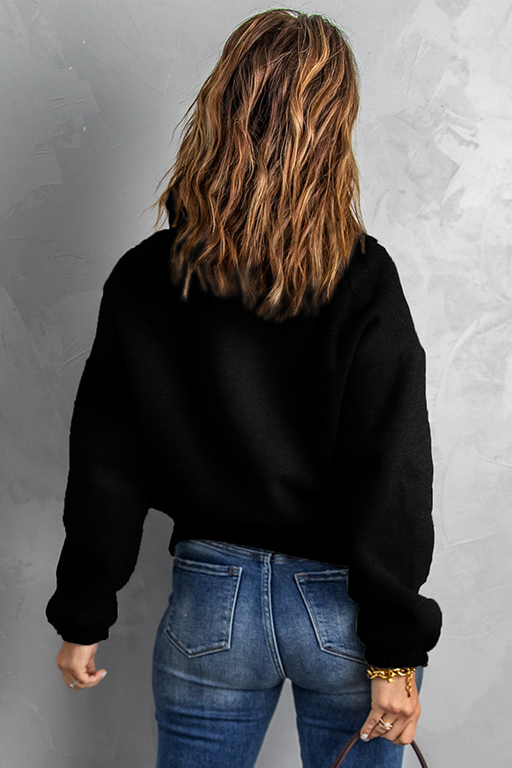 Black Casual Half-Zip Front Collared Sweatshirt