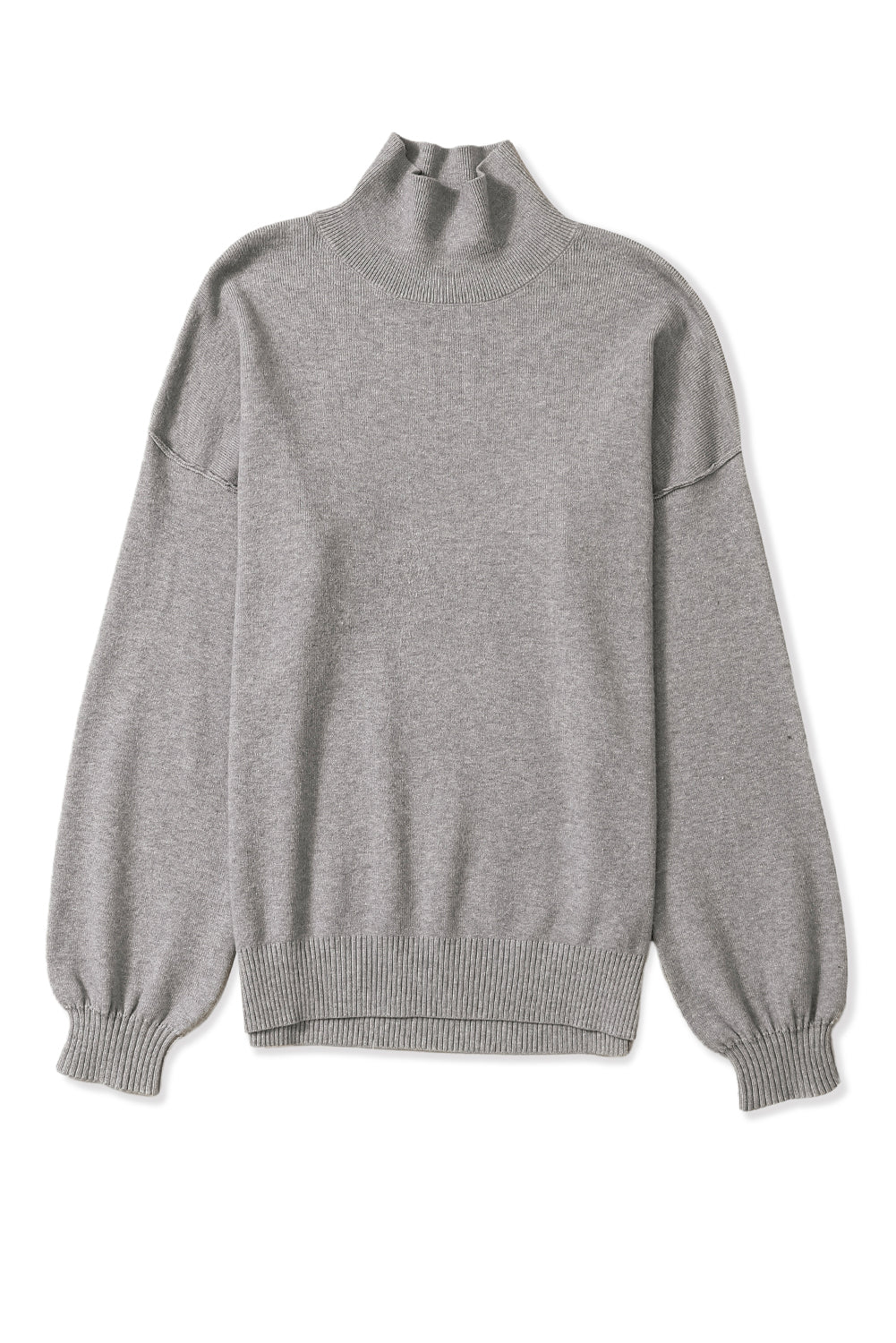 Gray Turtleneck Drop Shoulder Bubble Sleeve Knit Sweater