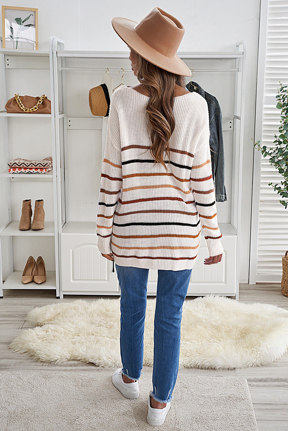 Multicolor Color Block Striped Drop Sleeve Knit Sweater