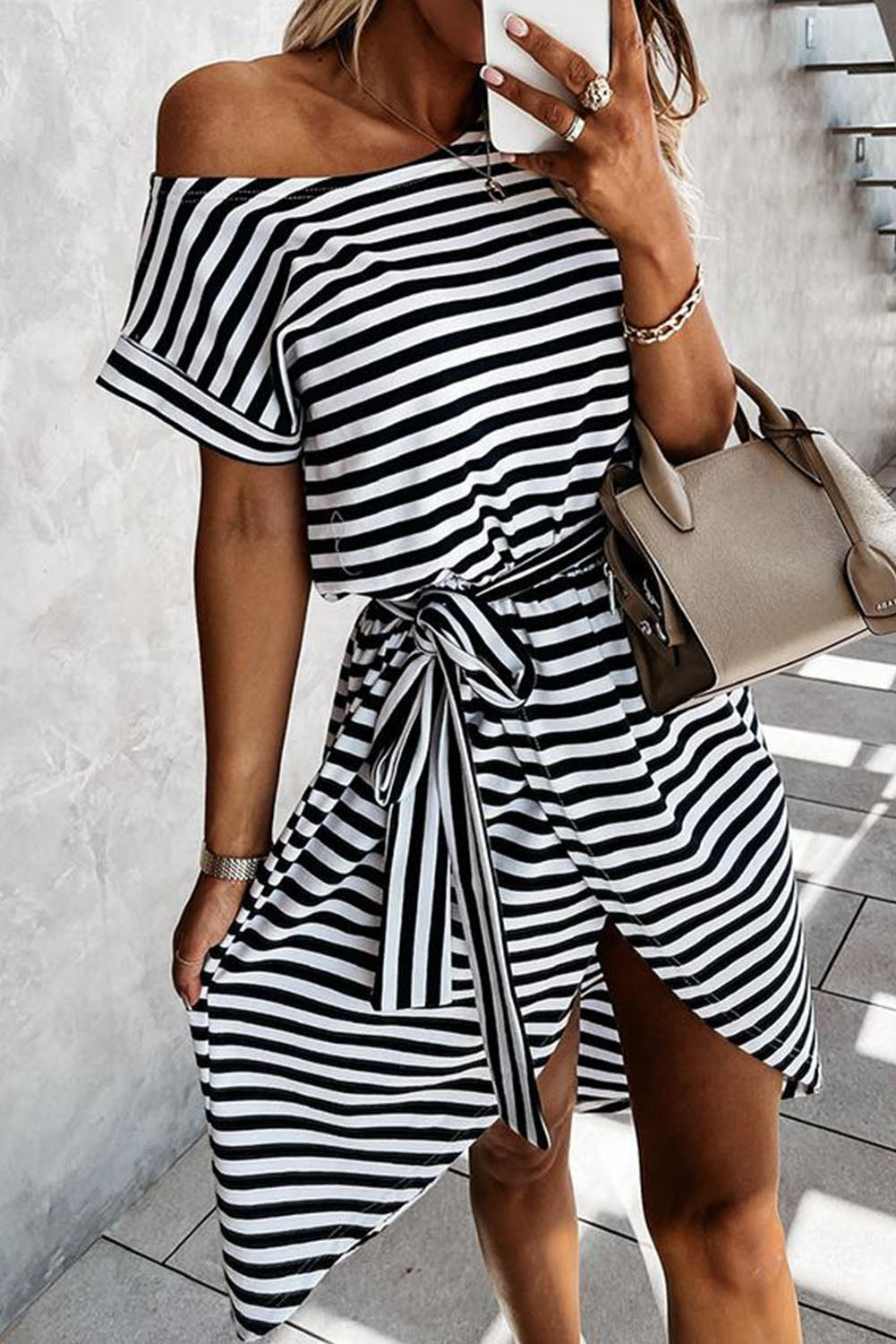 Khaki Stripe Belted Wrapped Hemline T-Shirt Dress