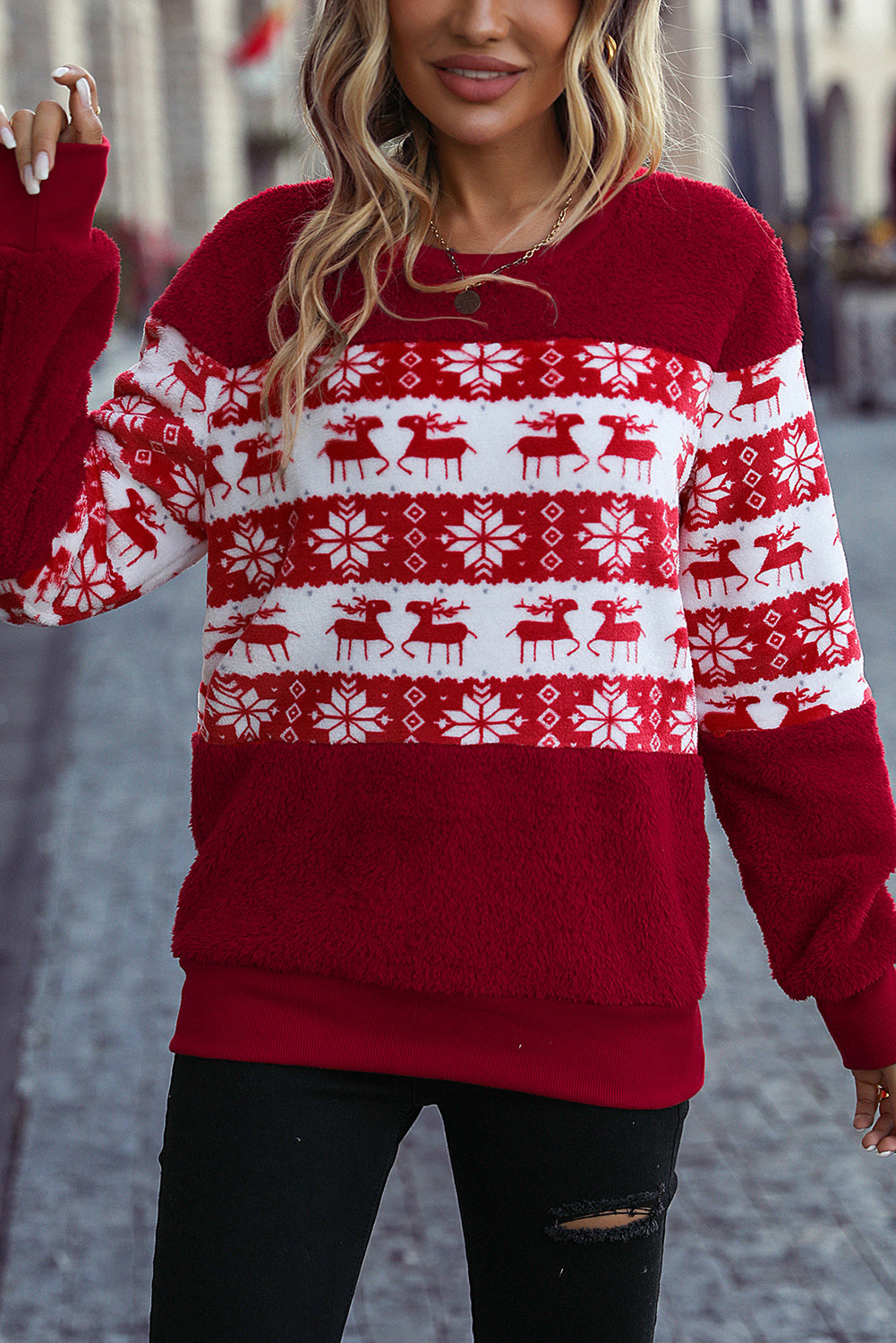 Red Christmas Reindeer Snowflake Fleece Sweatshirt