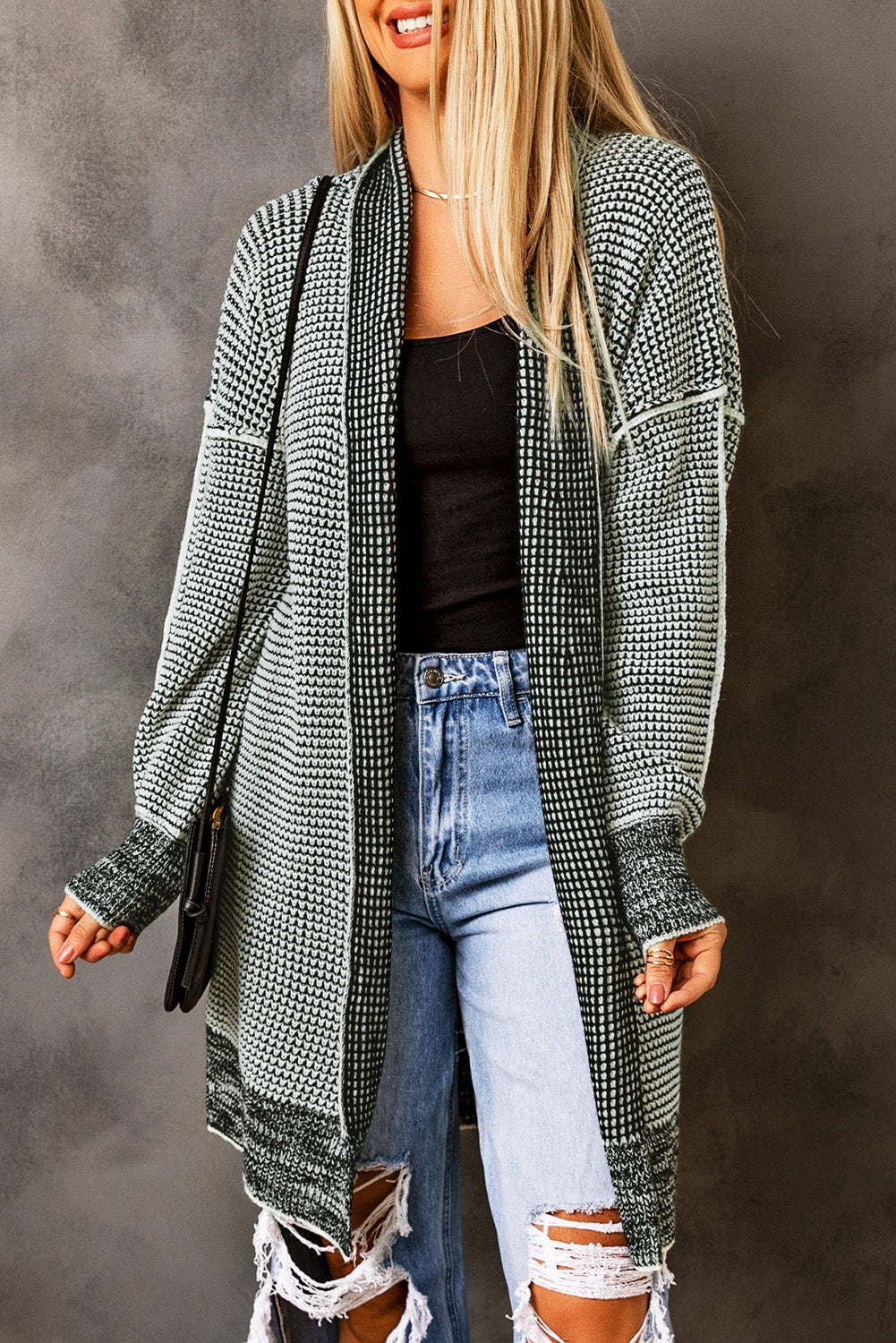 Black Plaid Casual Contrast Trim Knit Cardigan