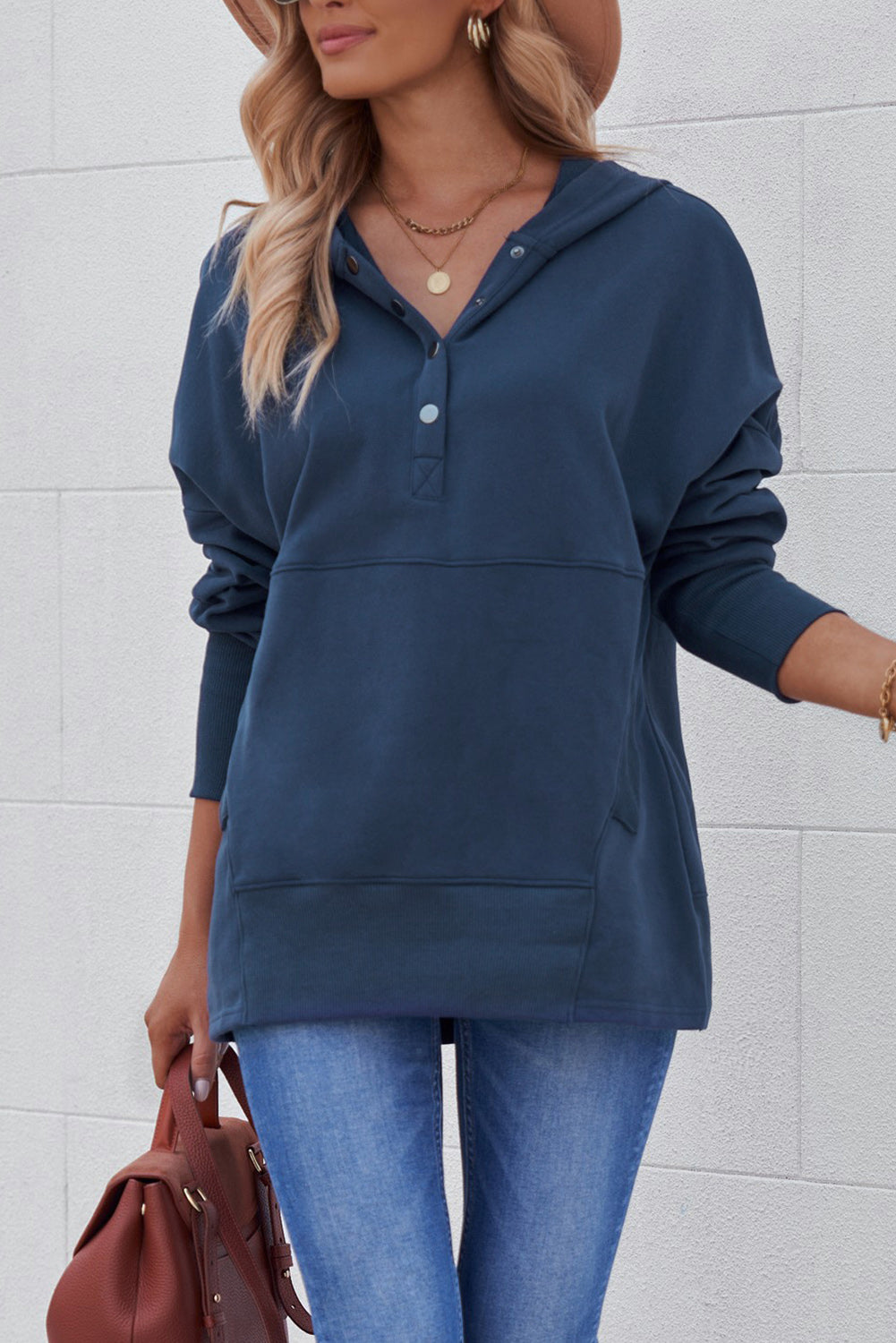 Black Casual Pocketed Batwing Sleeve Henley Hoodie