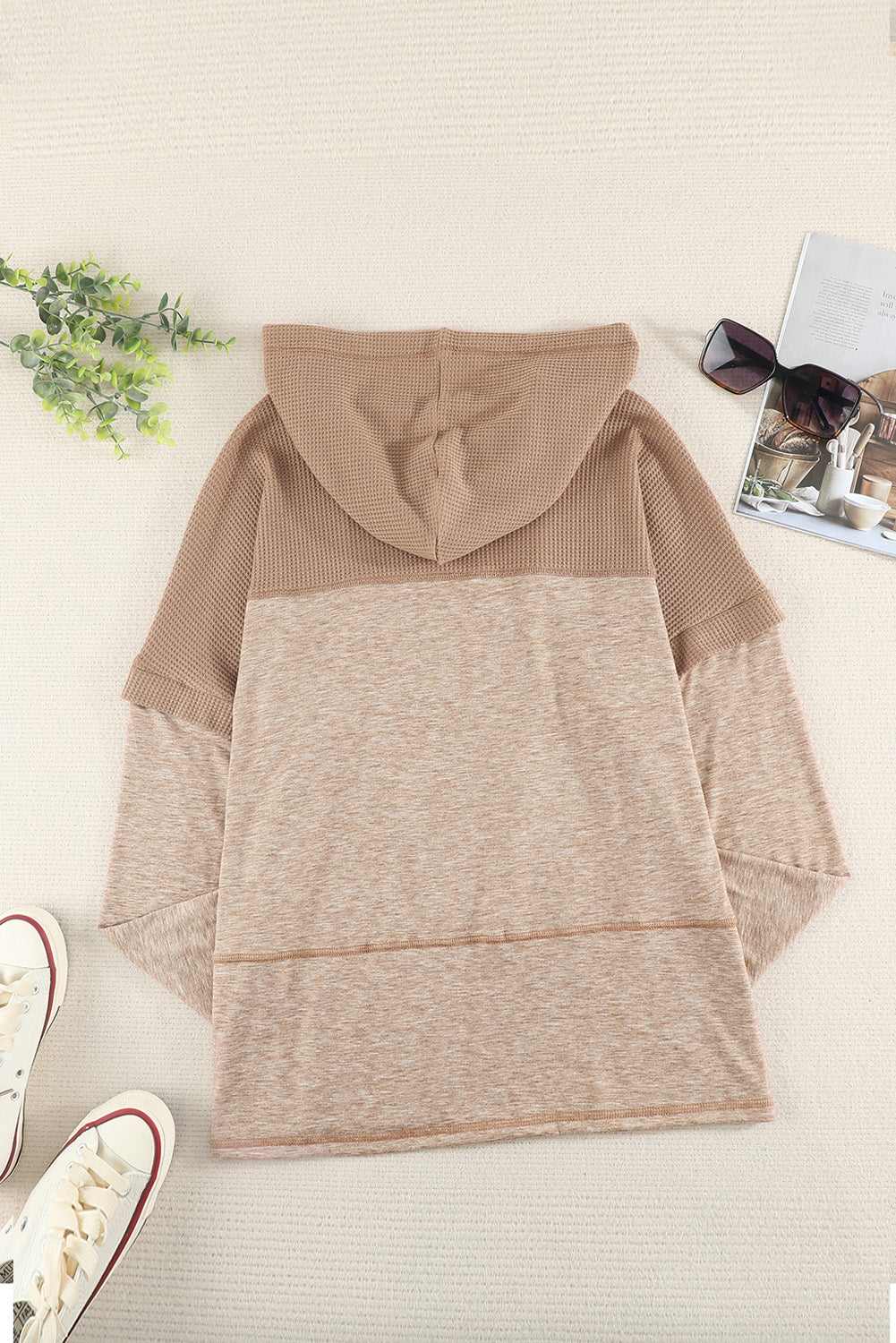 Khaki Waffle Long Sleeve Knit Pullover Hoodie