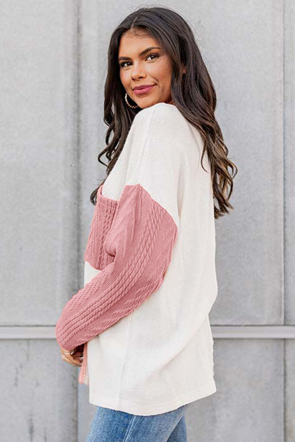 Peach Blossom Long Sleeve Patchwork Pocket Textured Knit Top