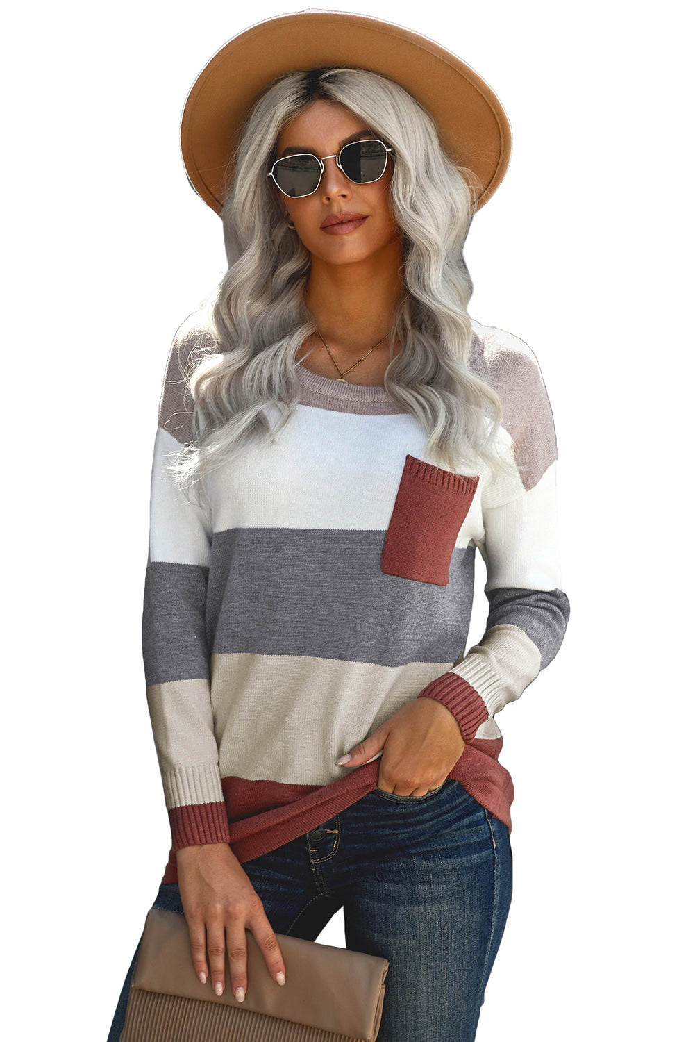 Grey & White Colorblock Casual Pockets Knit Sweater