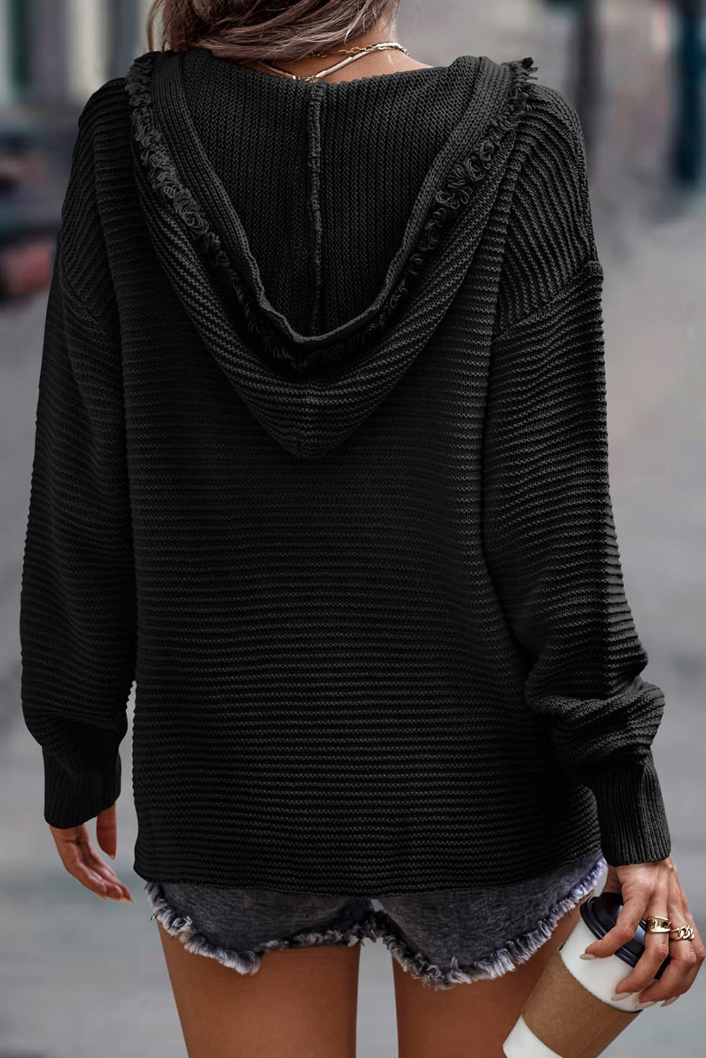 Black Split V Neck Pullover Knit Sweater Hoodie