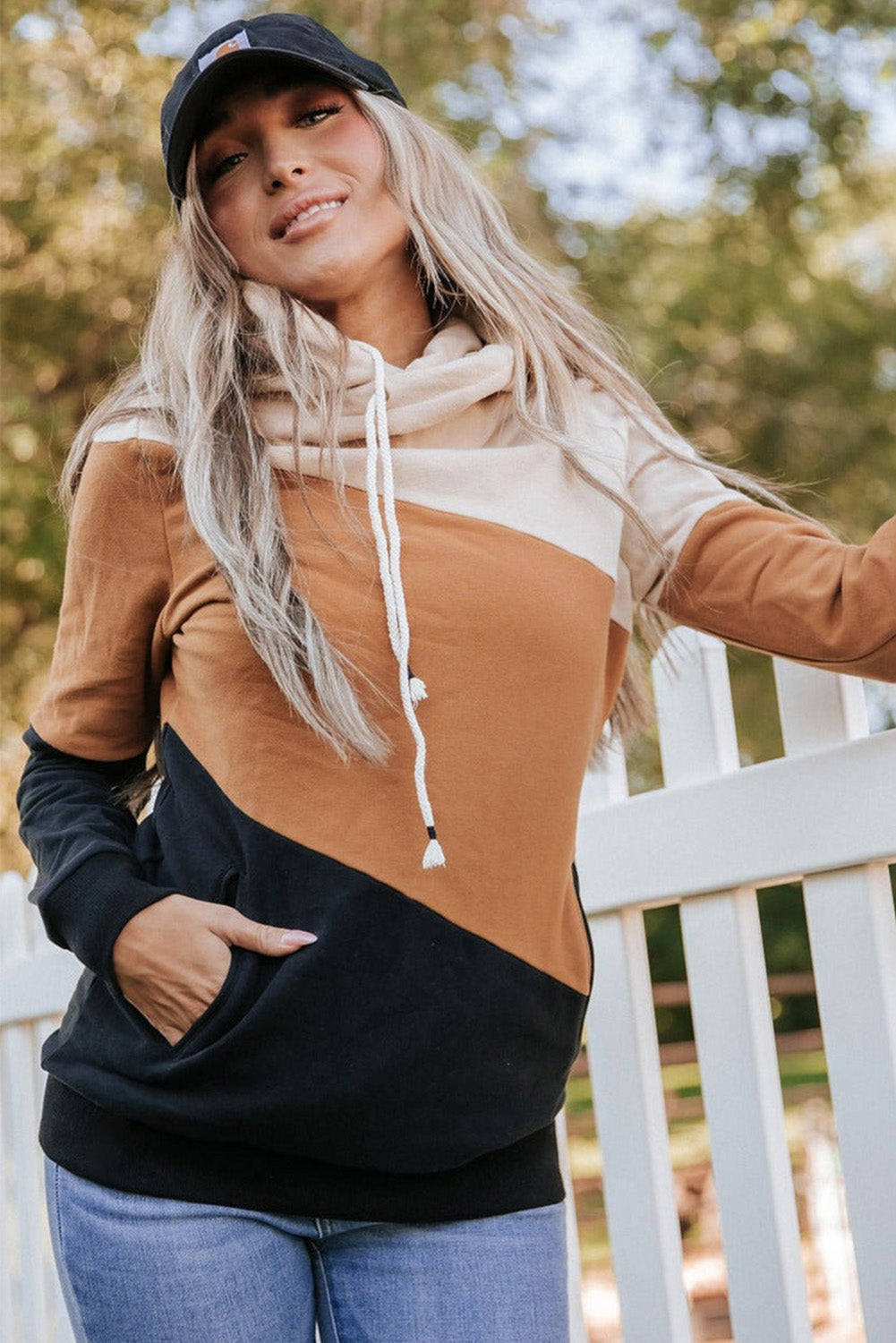 Khaki Color Block Long Sleeve Pullover Hoodie