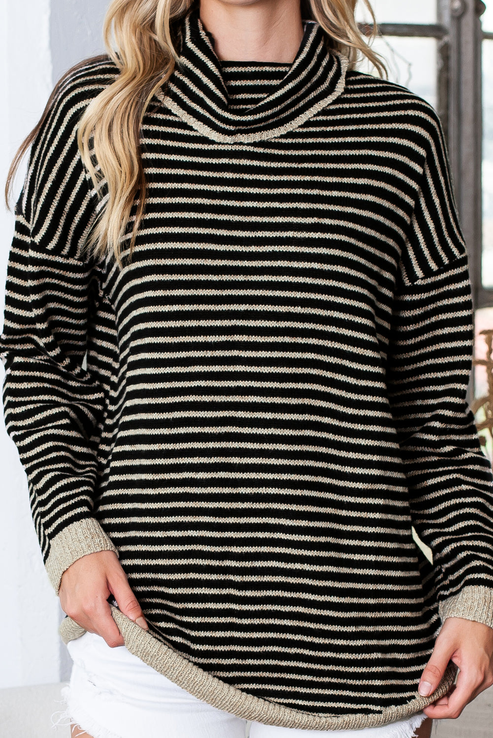 Khaki Striped Turtleneck Oversized Sweater