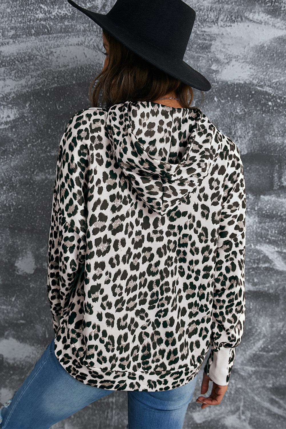 Leopard Print Kangaroo Pocket Long Sleeve Pullover Hoodie