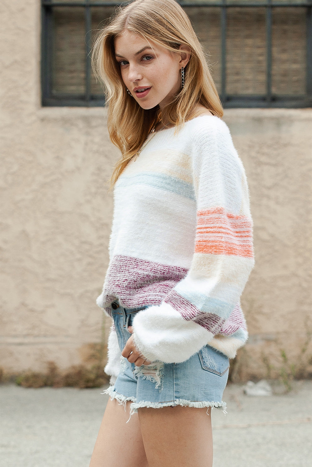 Multicolor Striped Drop Shoulder Fuzzy Sweater