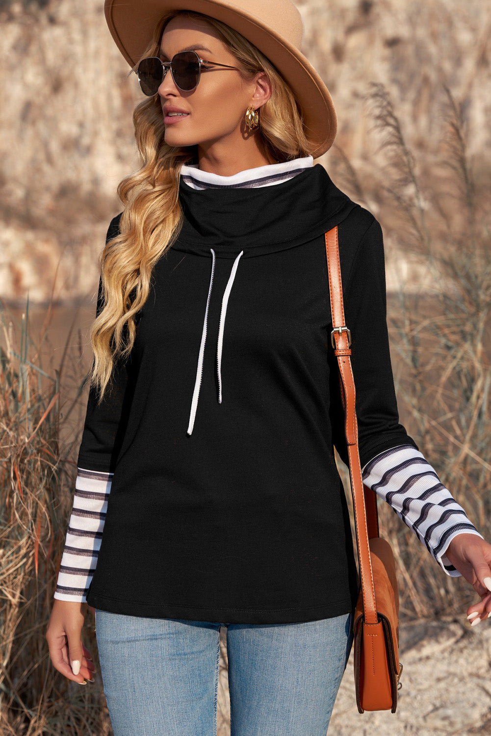 Black Stripes Detail Cowl Neck Drawstring Sweatshirt