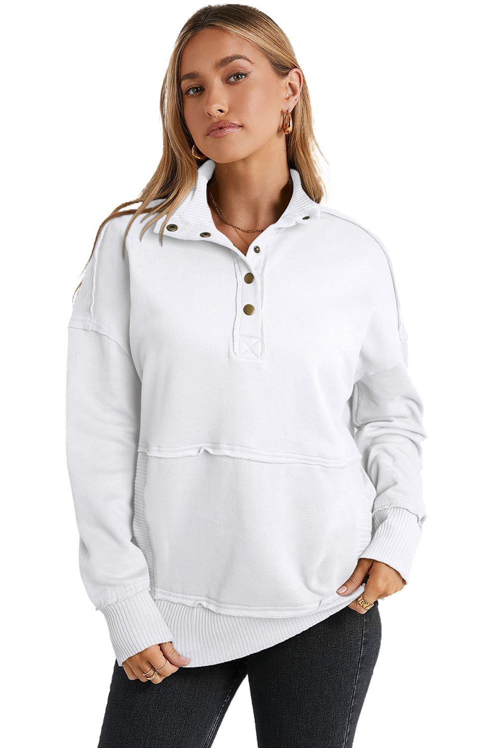 White Ribbed Trim Snap Button Collar Kangaroo Pocket Sweatshirt