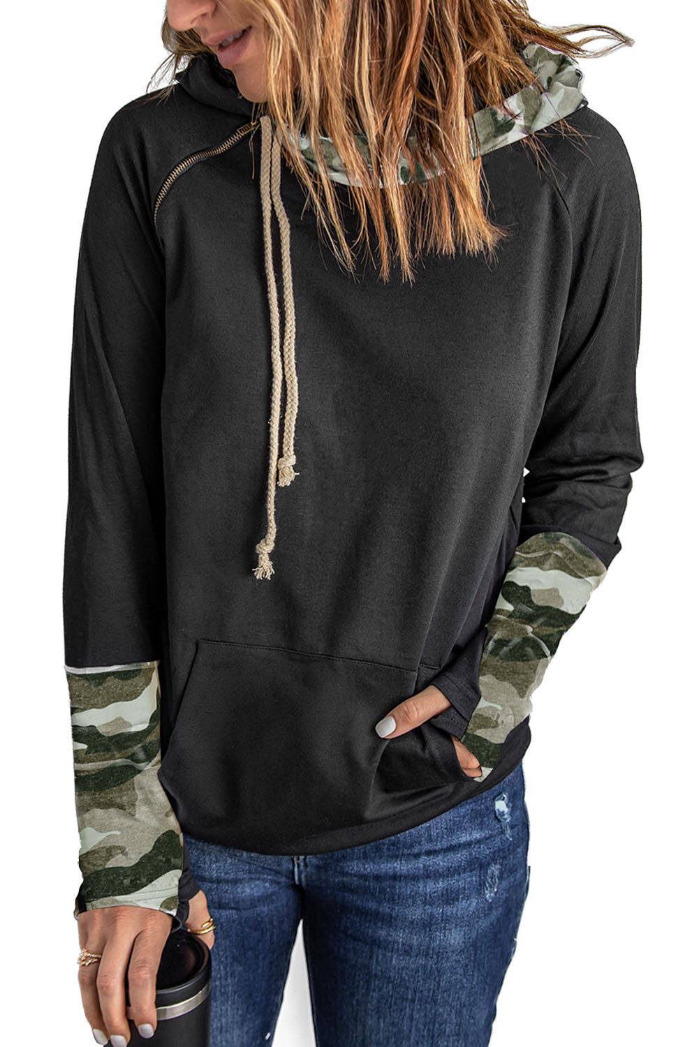 Black Raglan Sleeve Pullover Hoodie With Kangaroo Pocket