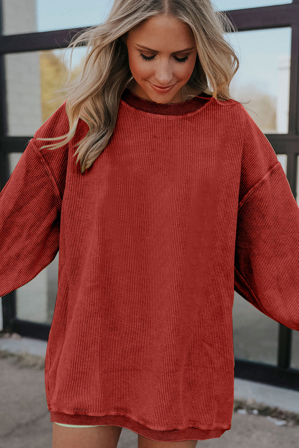 Apricot Drop Shoulder Ribbed Oversized Sweatshirt