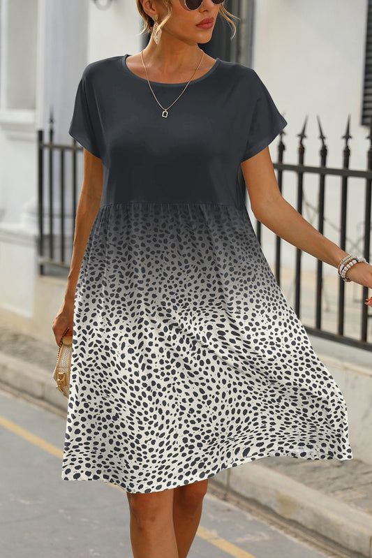 Leopard Dotted Contrast Casual Pocket T Shirt Dress