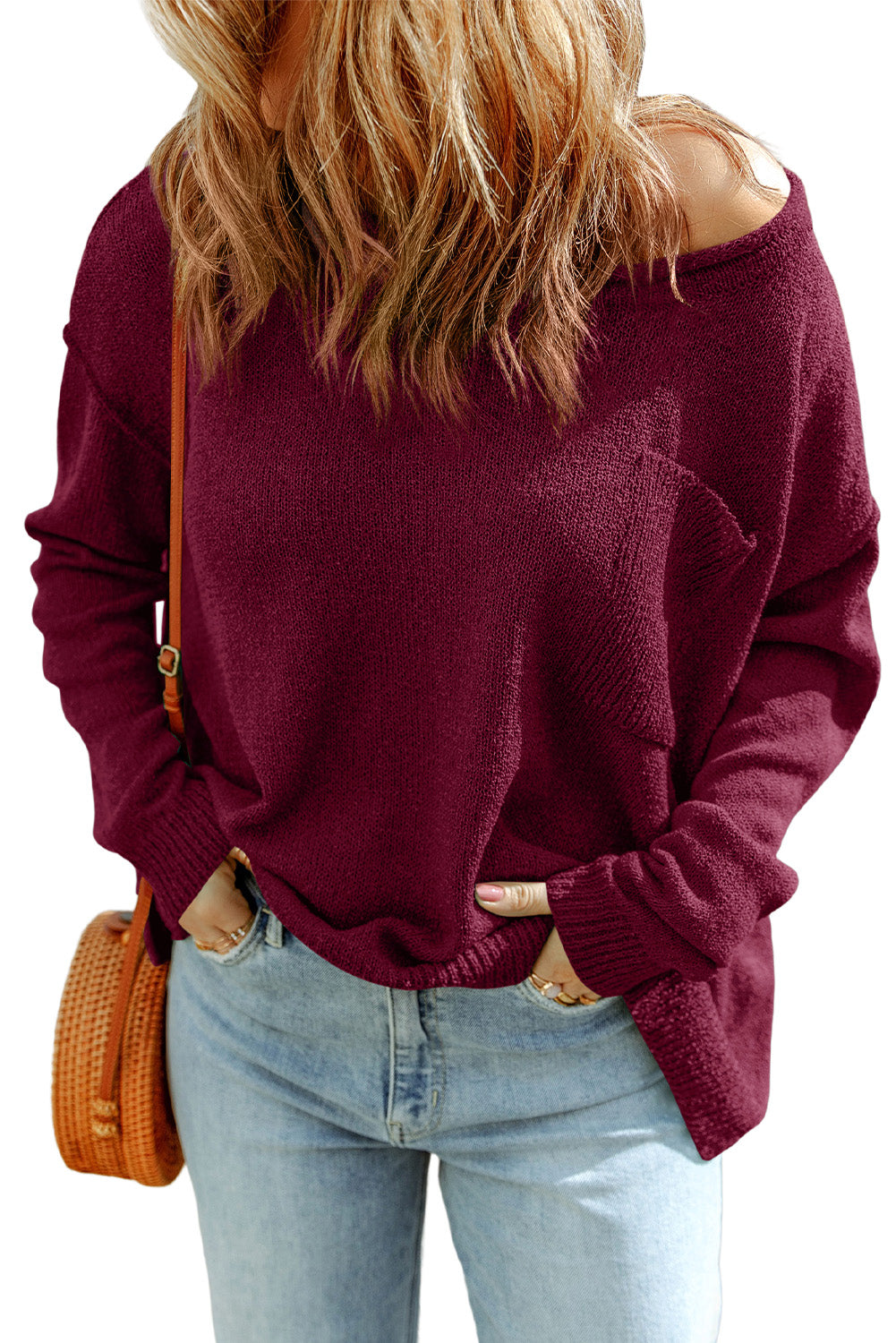 Red Solid Color Drop Shoulder Knitted Pullover Sweater