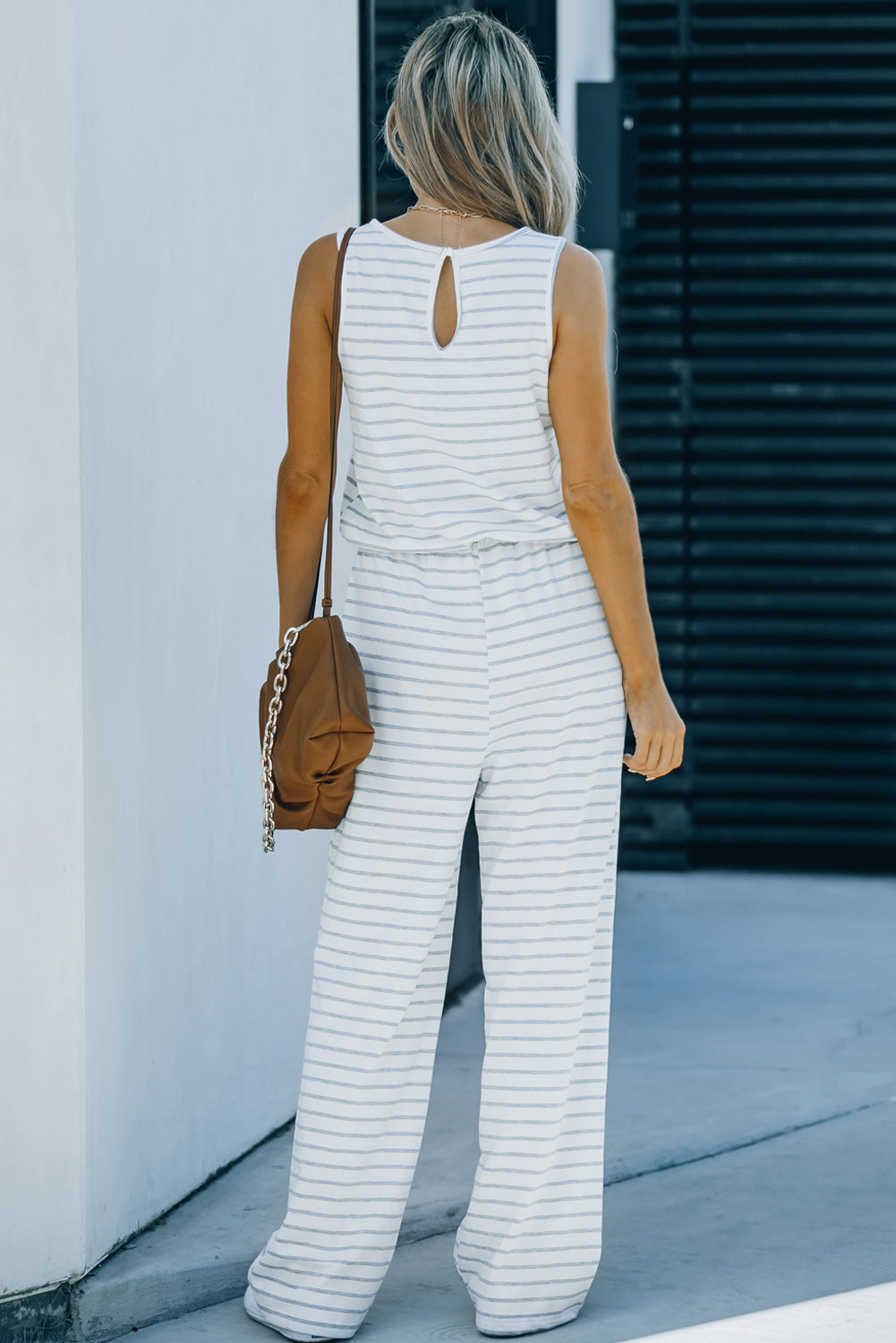 White Striped Keyhole Back Pockets Sleeveless Jumpsuit