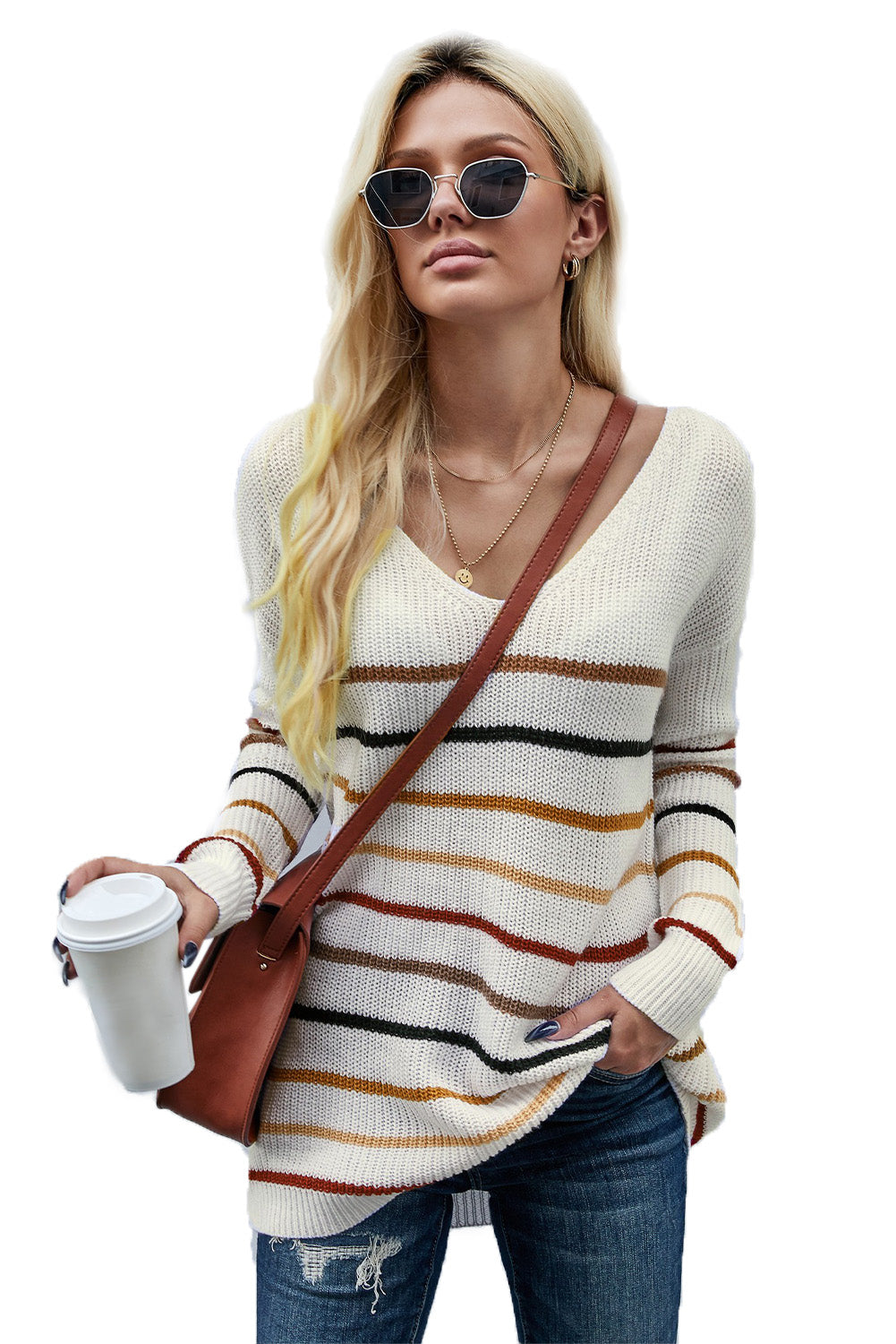 Multicolor Color Block Striped Drop Sleeve Knit Sweater