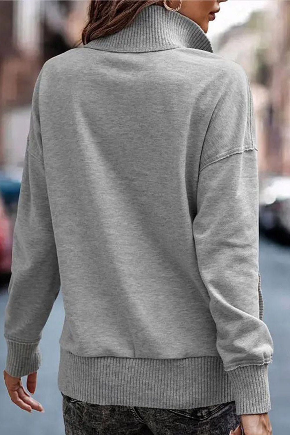 White Ribbed Trim Snap Button Collar Kangaroo Pocket Sweatshirt
