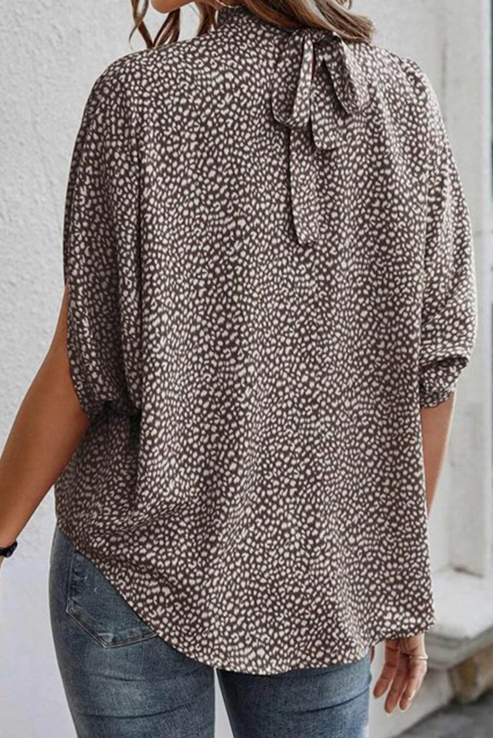 Leopard Dotty Print Knotted Dolman Sleeve Mock Neck Blouse