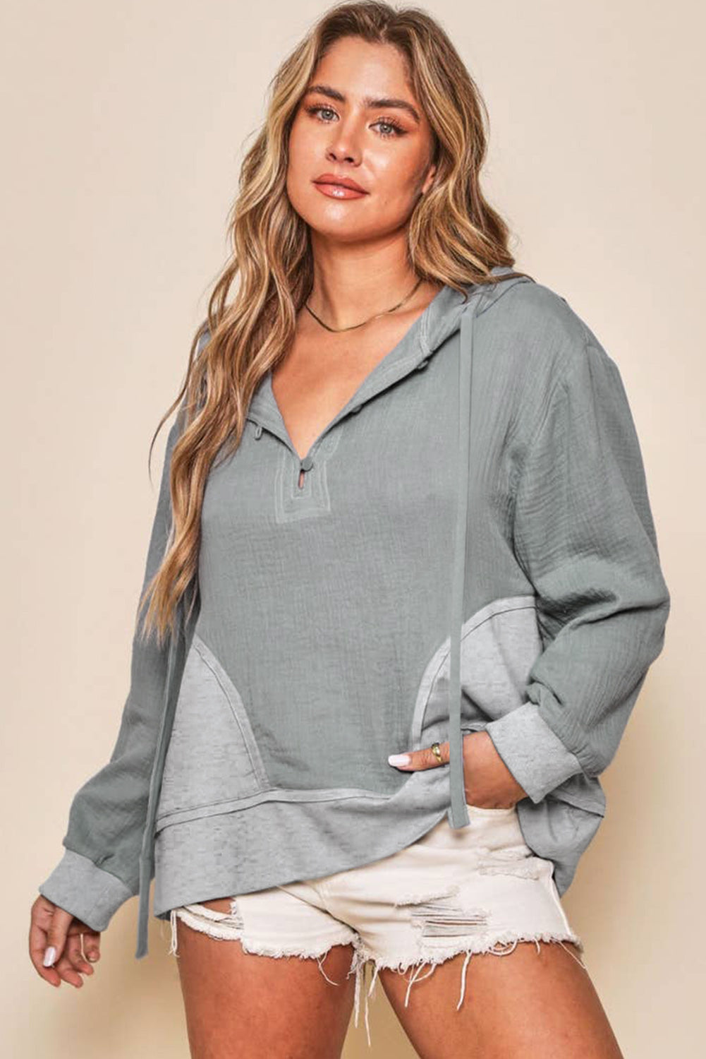 Grey Solid Color Buttoned Pullover Hoodie with Drawstring