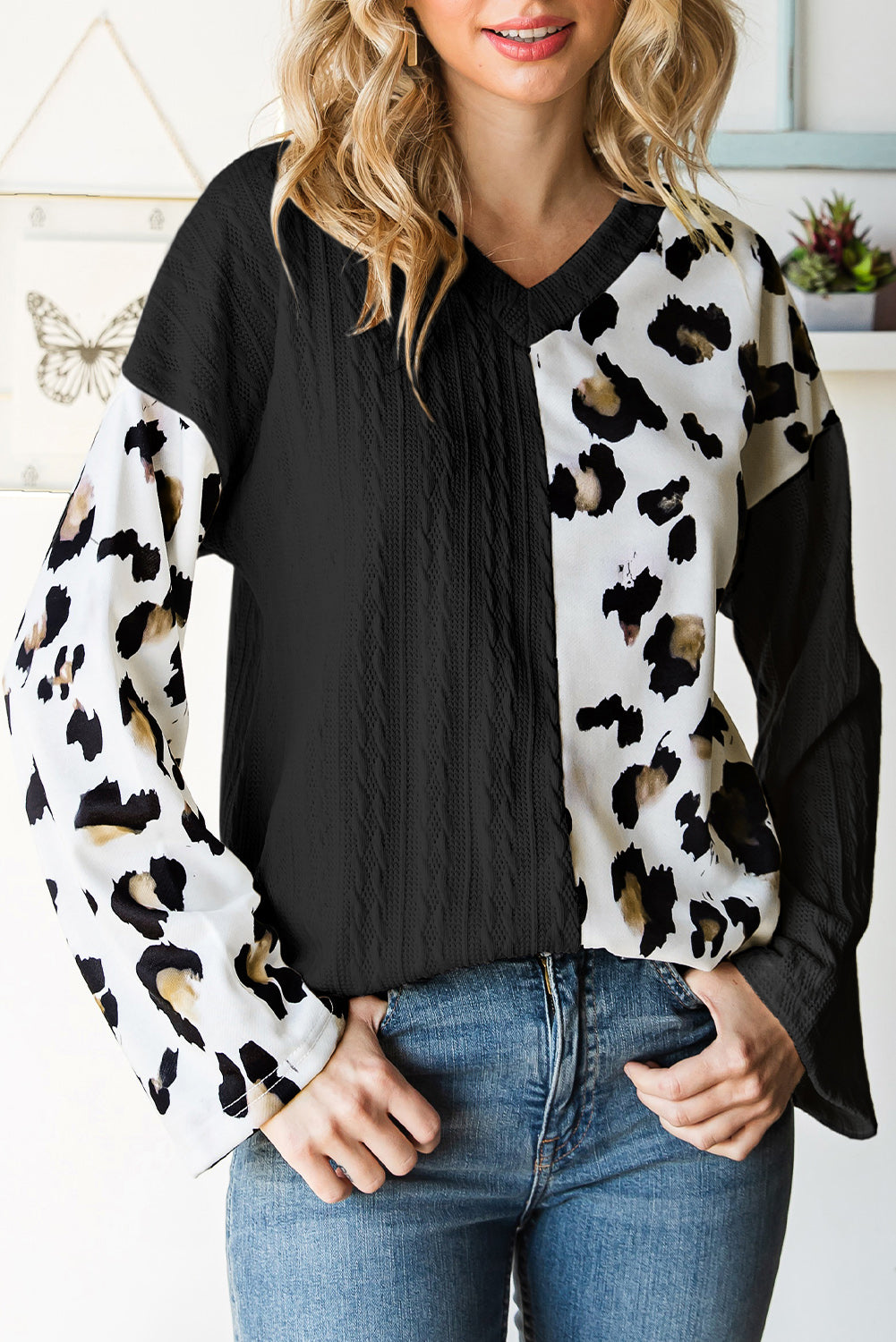 Black V Neck Leopard Colorblock Patchwork Long Sleeve Top