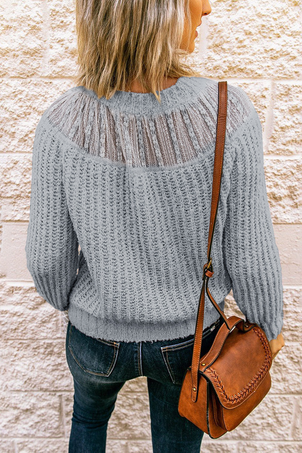 Gray Round Neck Lace Splicing Knitted Sweater