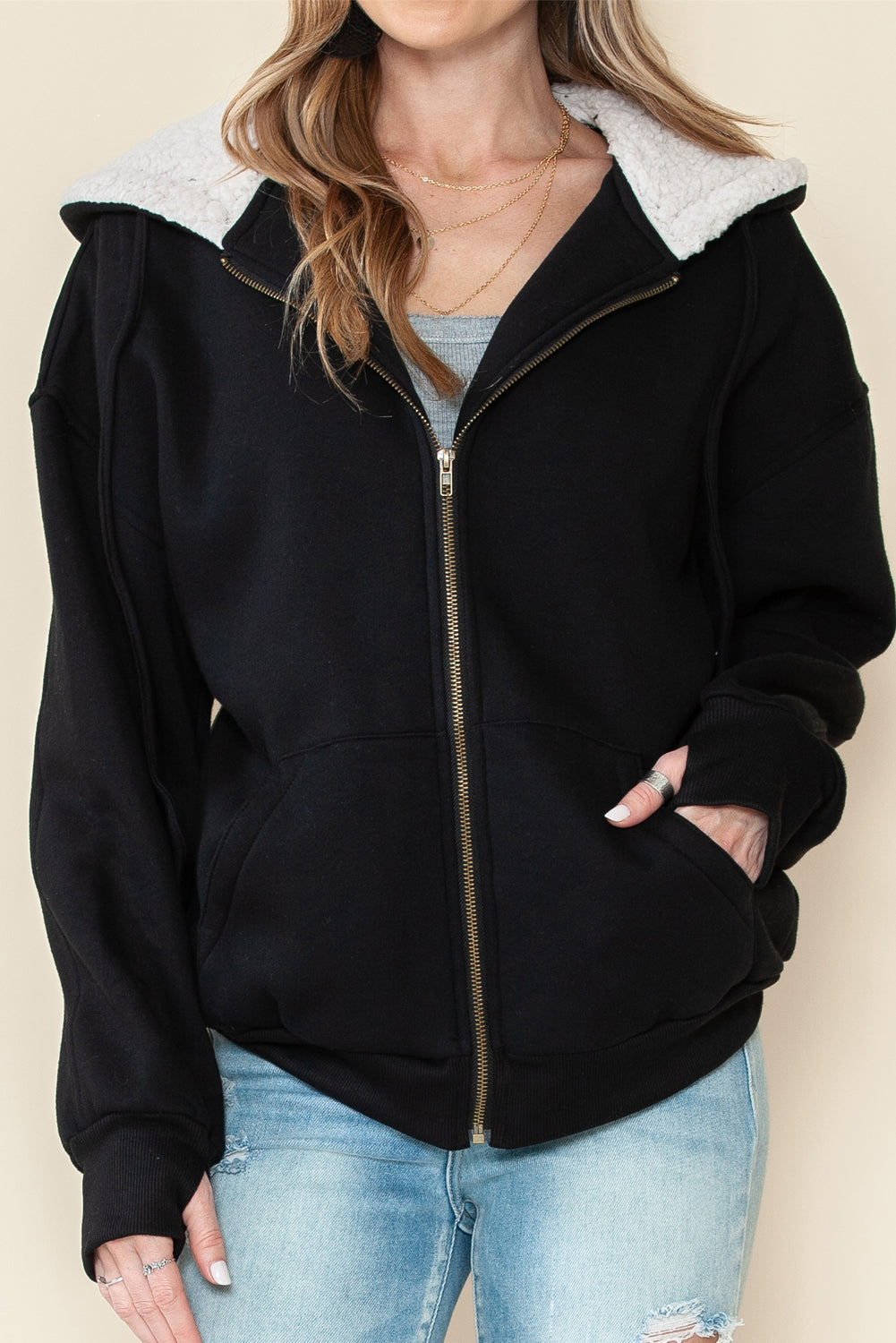 Black Sherpa Hooded Athleisure Zip Up Sweatshirt