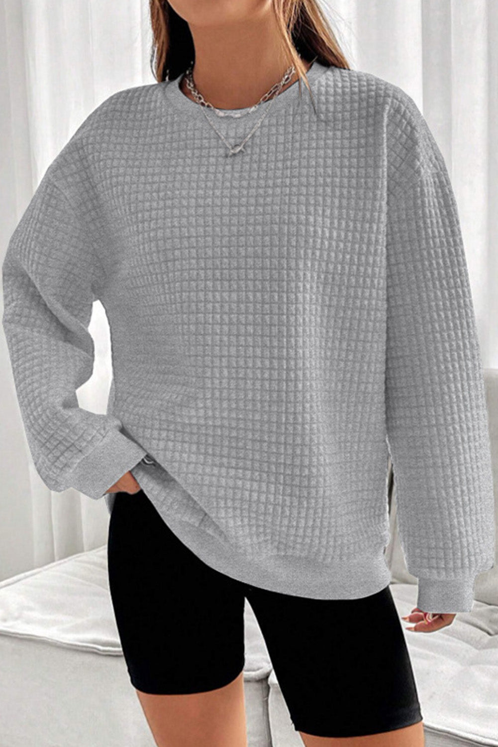 Gray Quilted Round Neck Drop Shoulder Sweatshirts