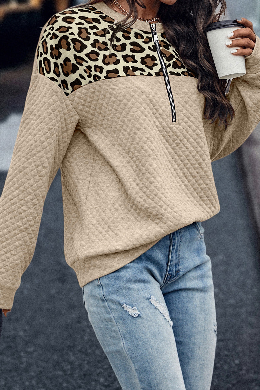 Apricot Leopard Quilted Drop Shoulder Half Zipped Sweatshirt