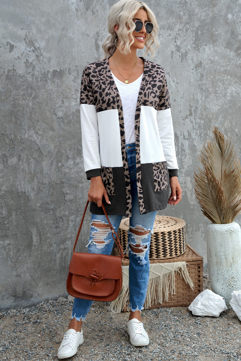 Leopard Block V Neck Cardigan With Pockets