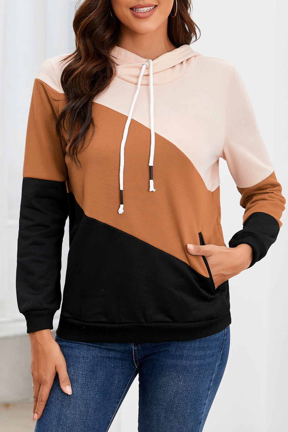 Khaki Color Block Long Sleeve Pullover Hoodie