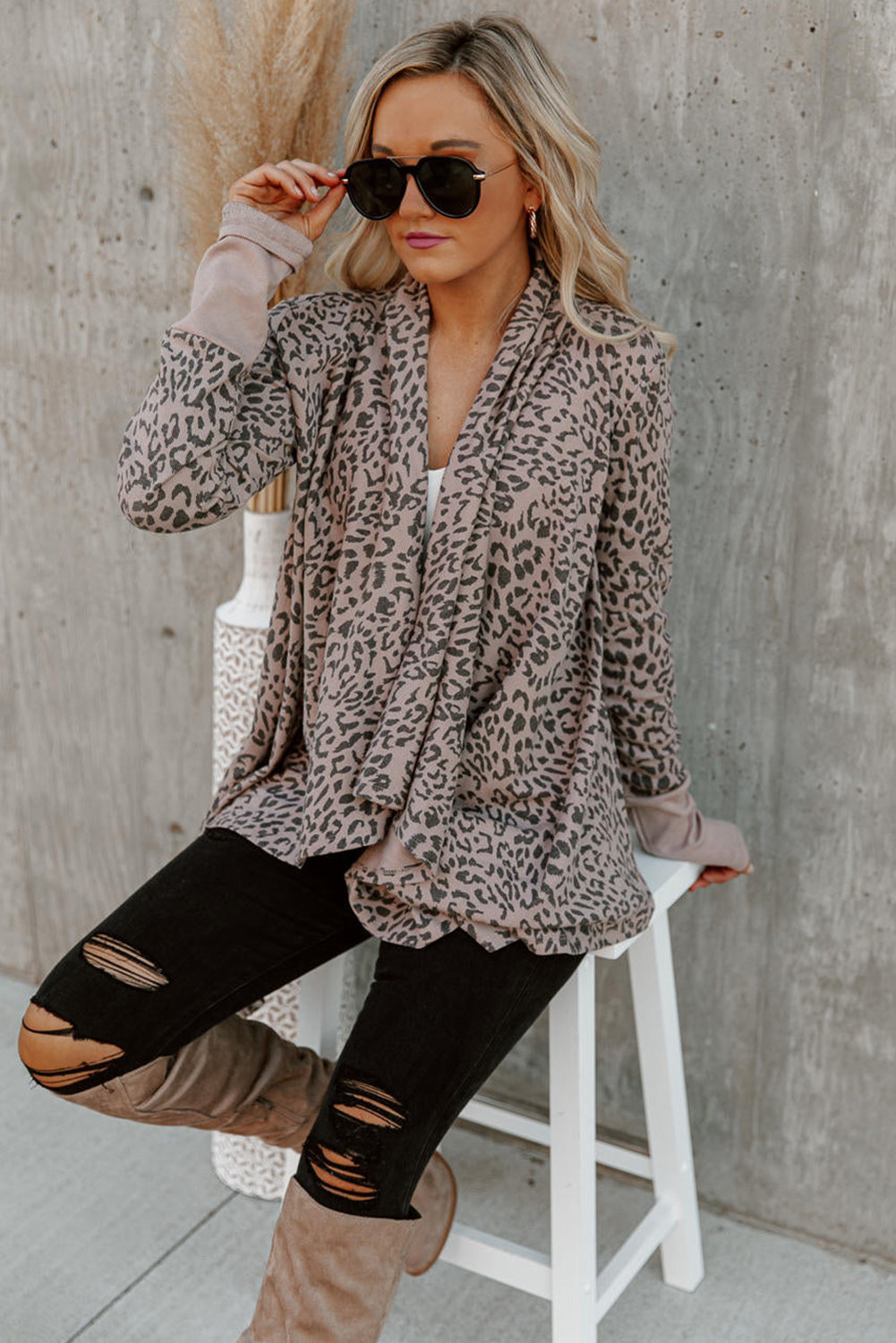 Cheetah Print Cowl Neck Open Front Long Cardigan