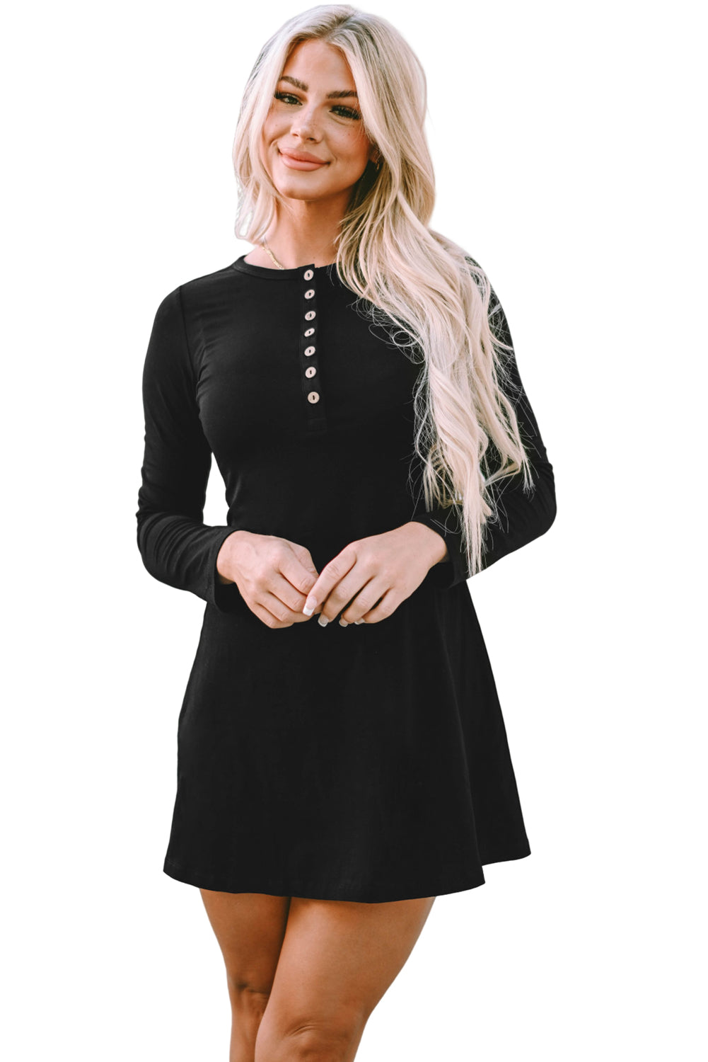 Black Solid Color Long Sleeve Henley Mini Dress