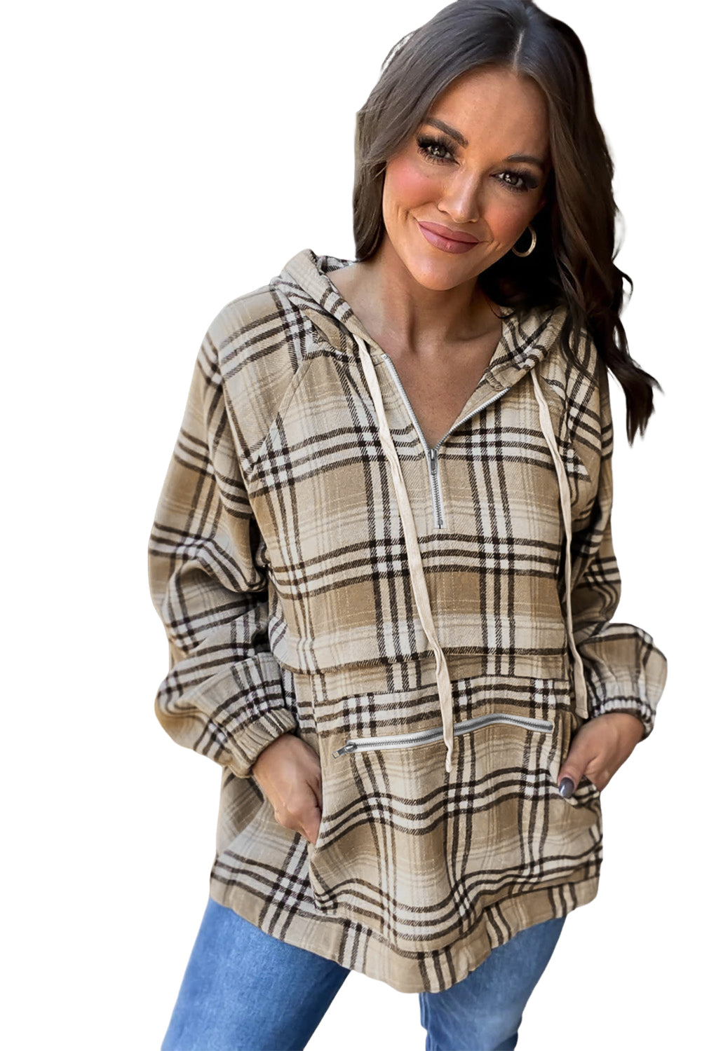 Khaki Plaid Kangaroo Pocket Zipped Hoodie