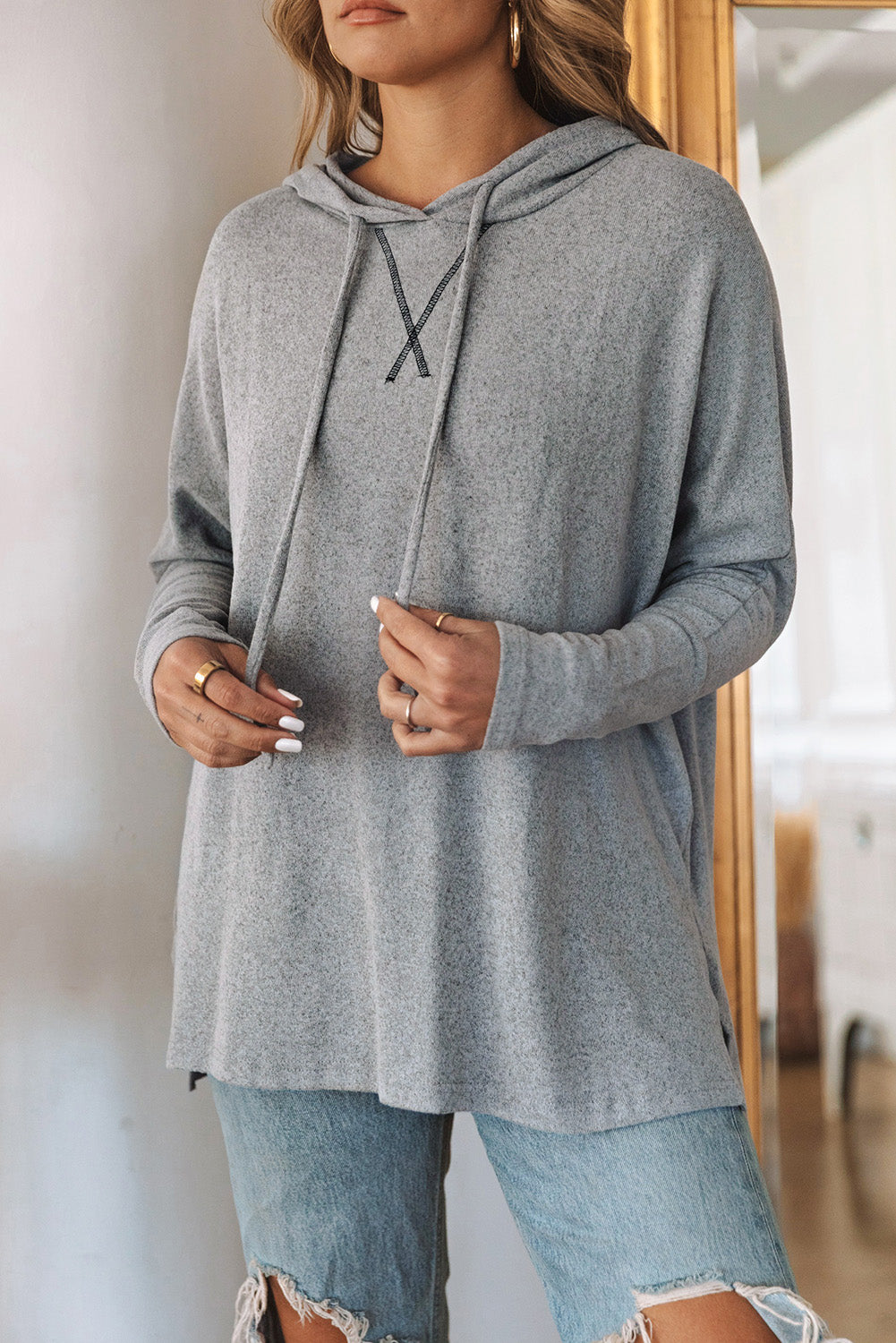 Grey Solid Color Casual Loose Drawstring Hoodie