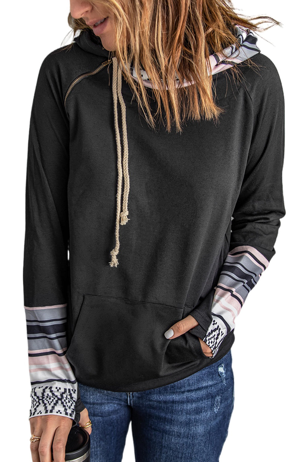 Black Raglan Sleeve Pullover Hoodie With Kangaroo Pocket