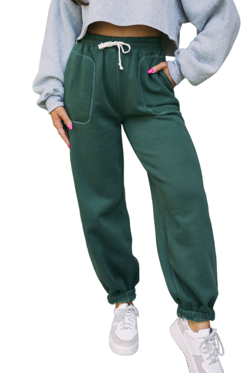 Mist Green Drawstring Waist Casual Jogger Pants