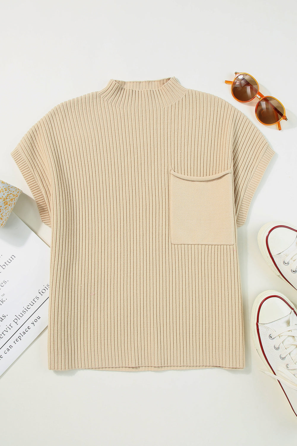 Gray Patch Pocket Ribbed Knit Short Sleeve Sweater