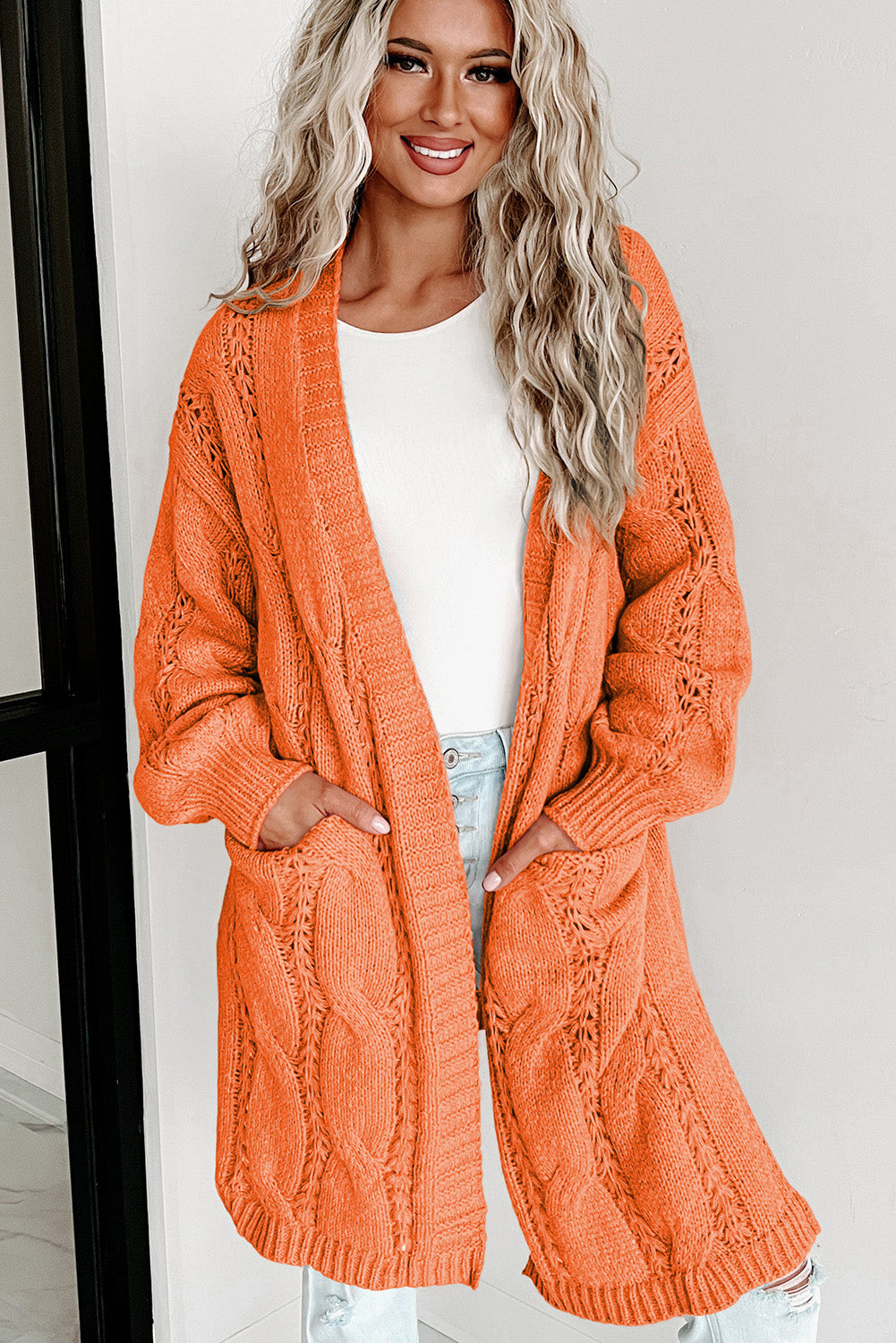 Apricot Ribbed Trim Hollow Knit Side Slits Cardigan