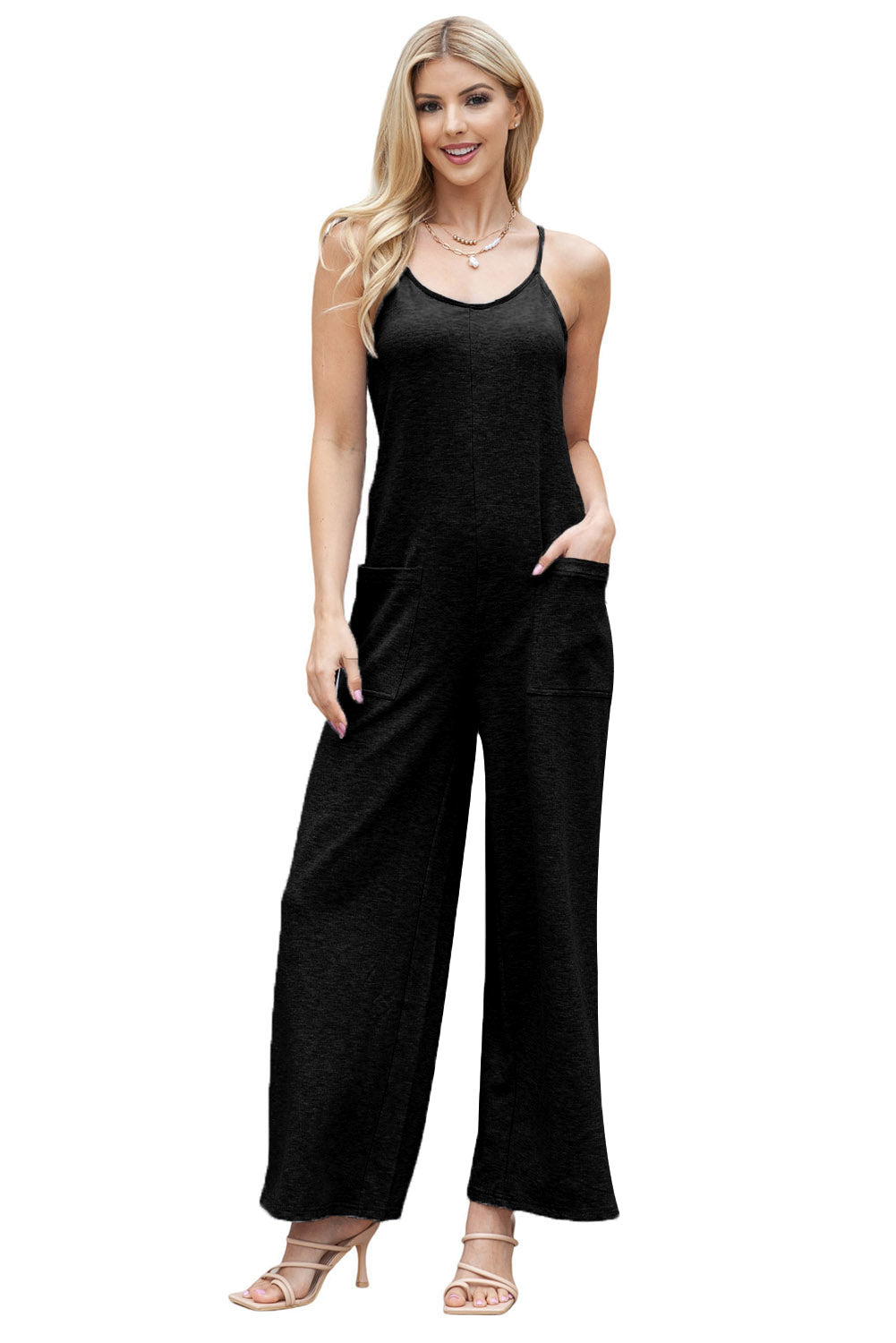 Black Loose Fit Side Pockets Spaghetti Strap Wide Leg Jumpsuit